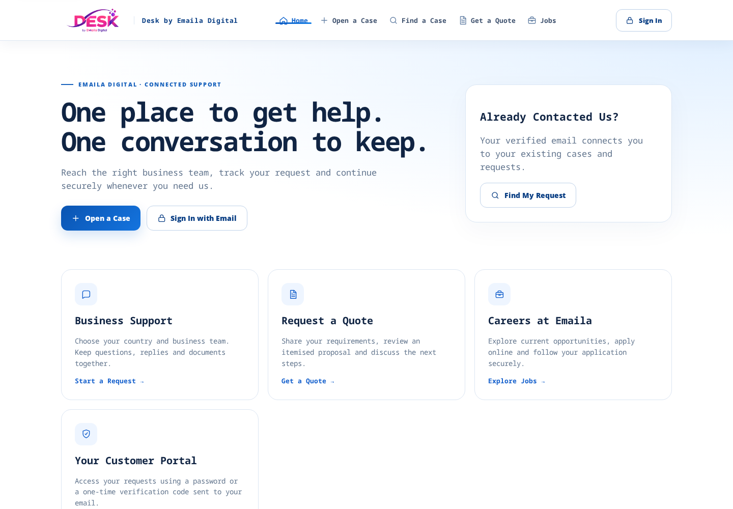 Desk customer request portal — actual public product interface, with no customer records shown.