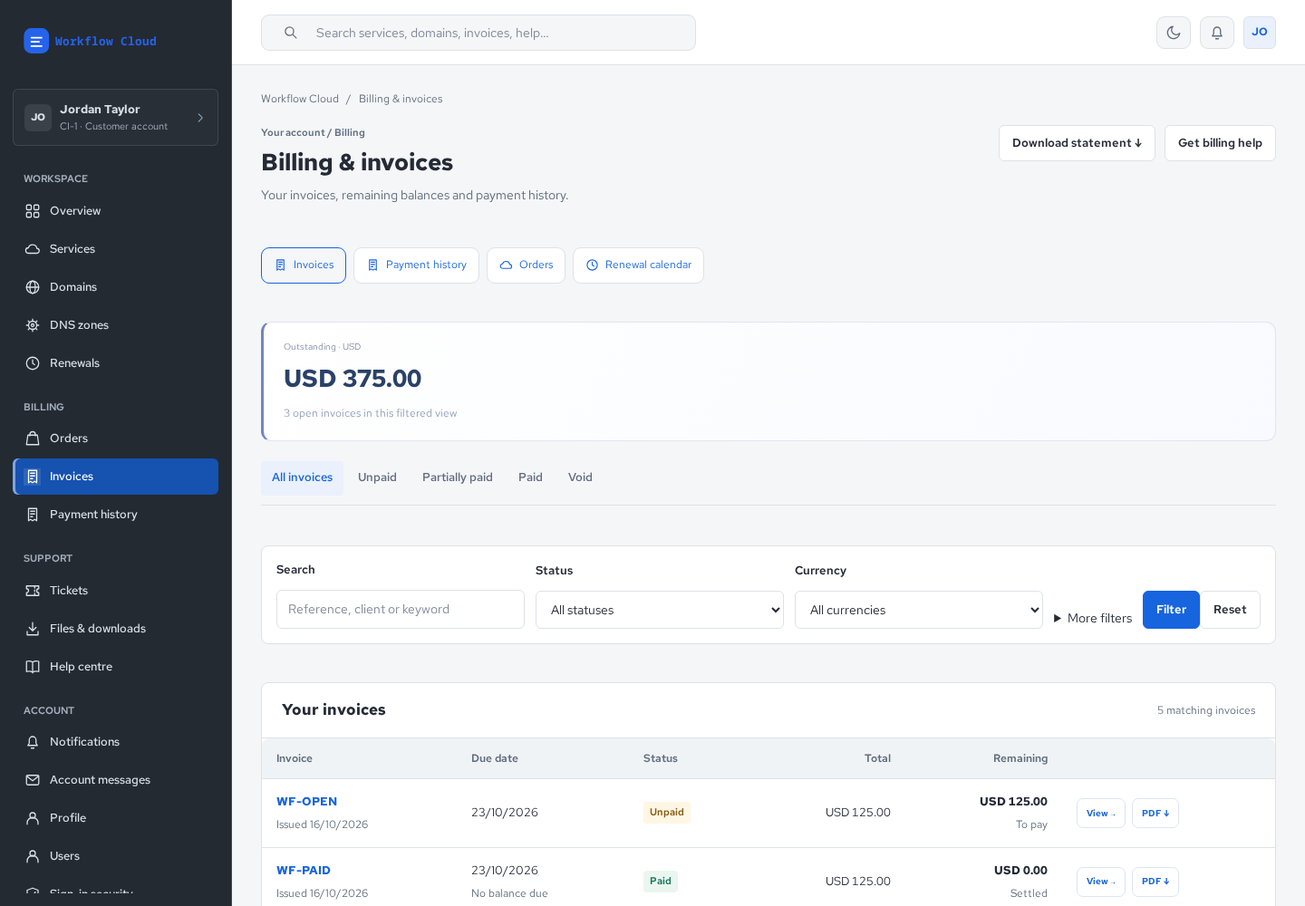EmailaBiller customer invoices — actual product interface with synthetic example invoice totals and payment states.