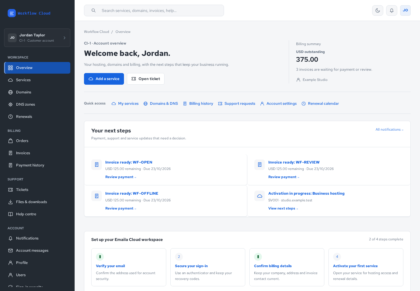 EmailaBiller customer account — actual product interface showing synthetic example services, invoices and next steps.