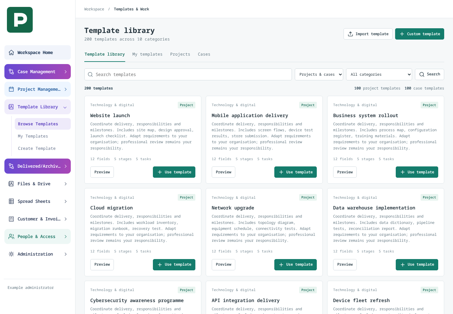 PCMO template library — actual product interface with an example organisation and the shipped 200-template catalogue.