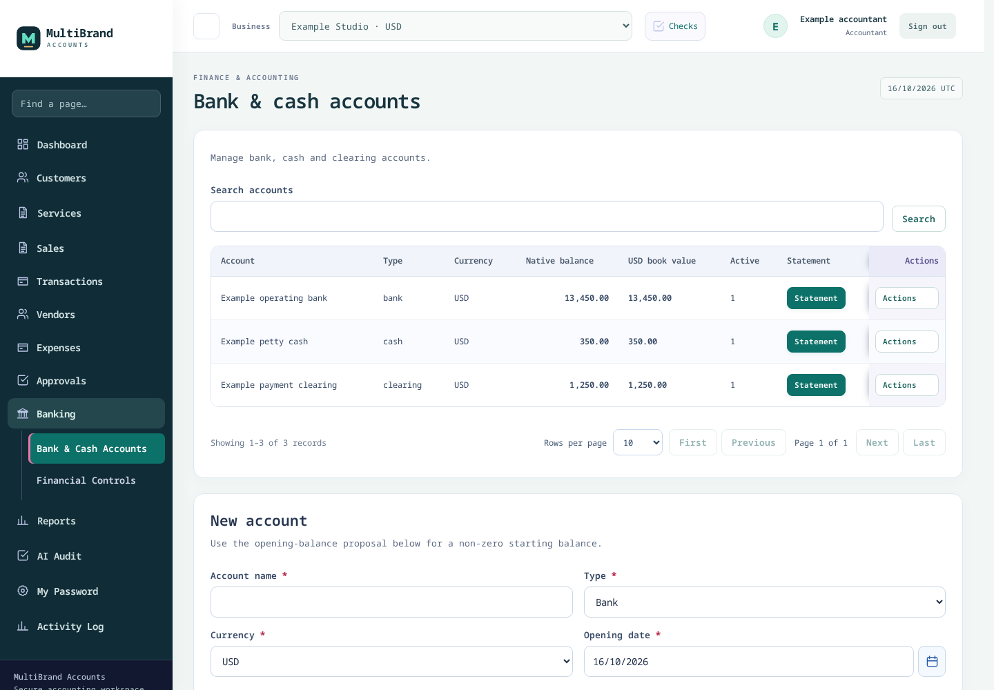 MultiBrand Accounts bank and cash workspace — actual product interface with synthetic example accounts and balances.