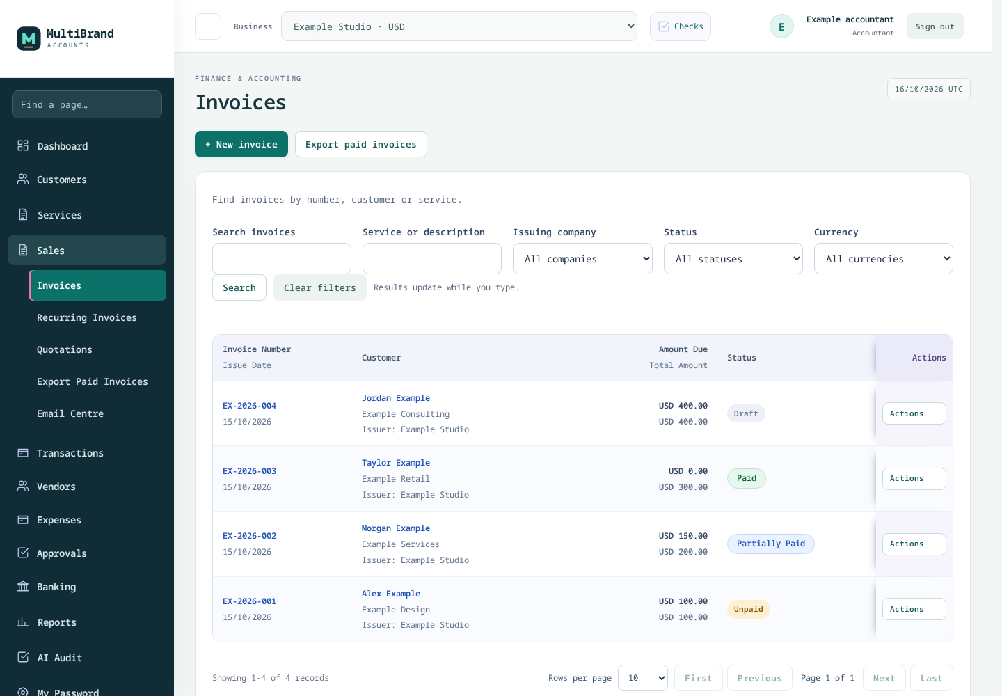 MultiBrand Accounts invoices — actual product interface with synthetic example businesses, customers and invoice amounts.