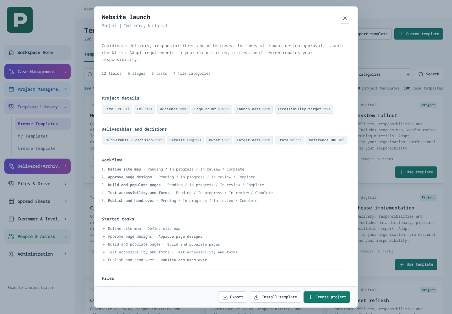 PCMO workflow preview — actual product interface showing a shipped Website launch template in an example workspace.